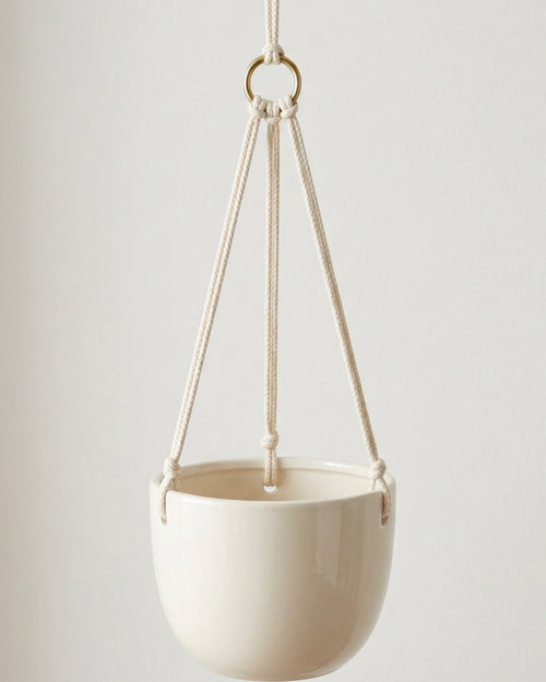 Wjmrg Three Cord Hanging Ceramic Planter Ivory 20 cm - Lifestyle view